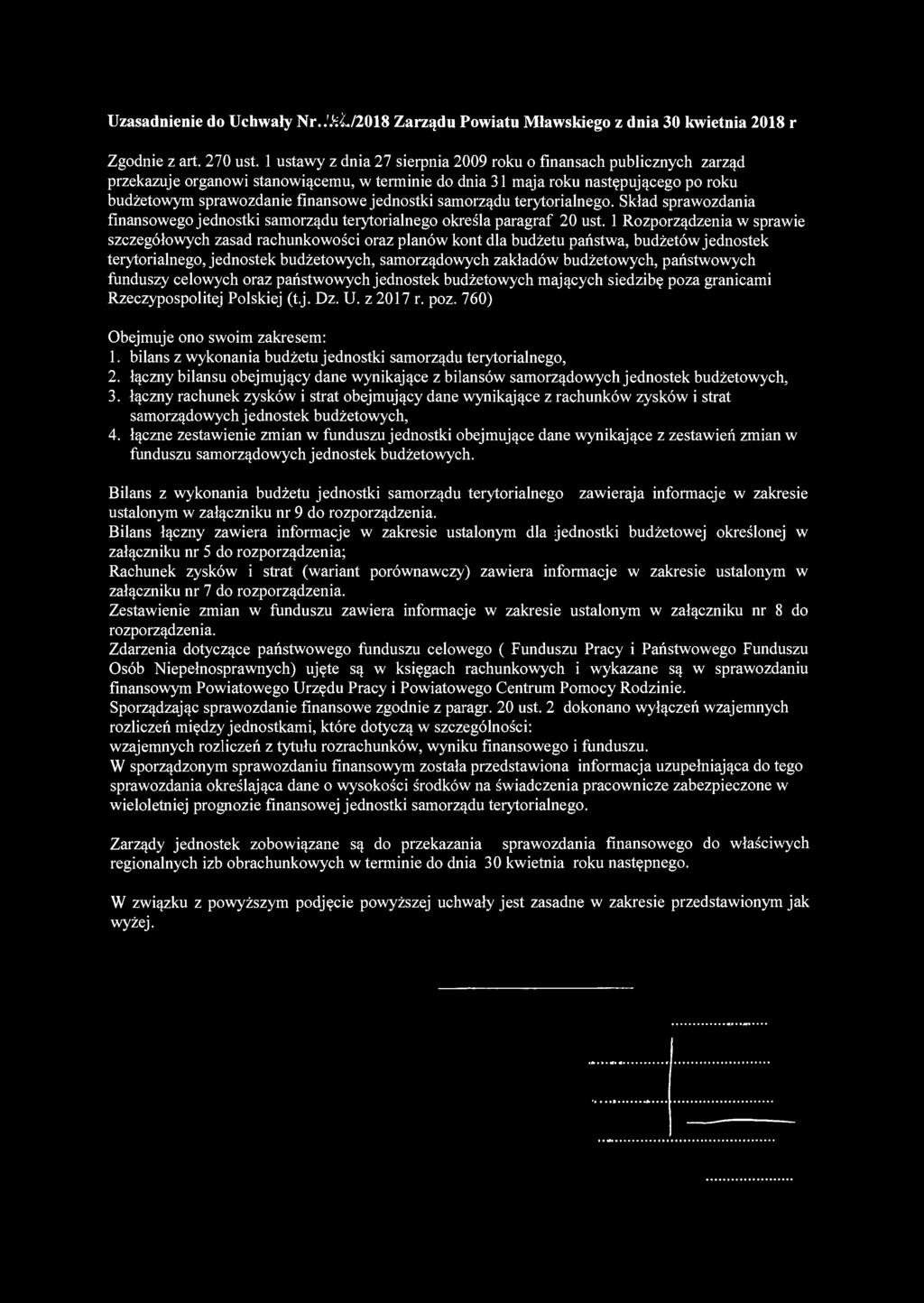 Uzasadnienie do Uchwały Nr.. Ł/2018 Zarządu Powiatu Mławskiego z dnia 30 kwietnia 2018 r Zgodnie z art. 270 ust.
