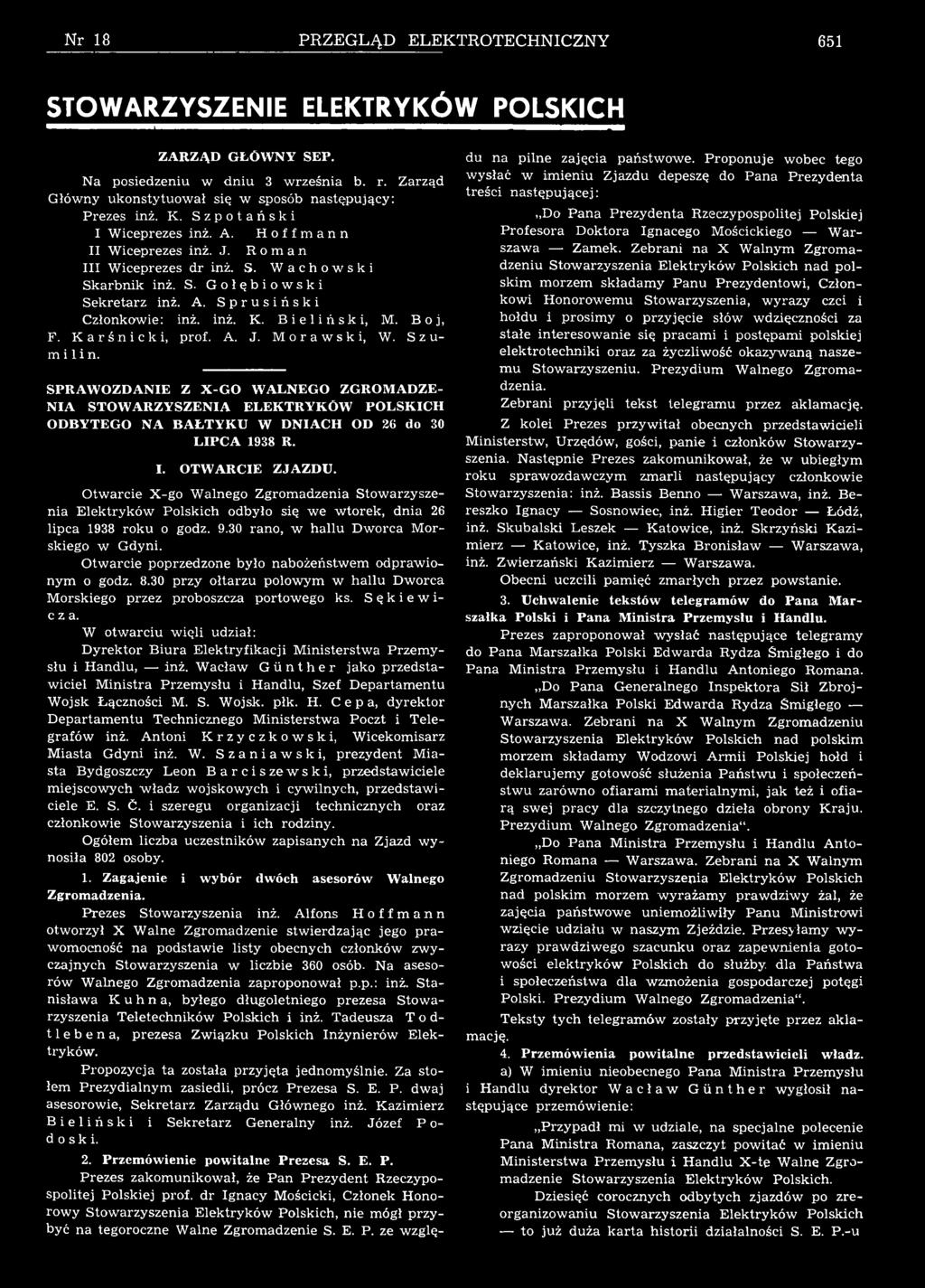 Krśnicki, prf. A. J. Mrki, W. zumilin. PRAWZDAIE Z X -G WALEG ZGRM ADZE IA TW ARZYZEIA ELEKTRYKÓW PLKICH DBYTEG A BAŁTYK W DIACH D 26 d 0 LIPCA 198 R. I. TWARCIE ZJAZD.