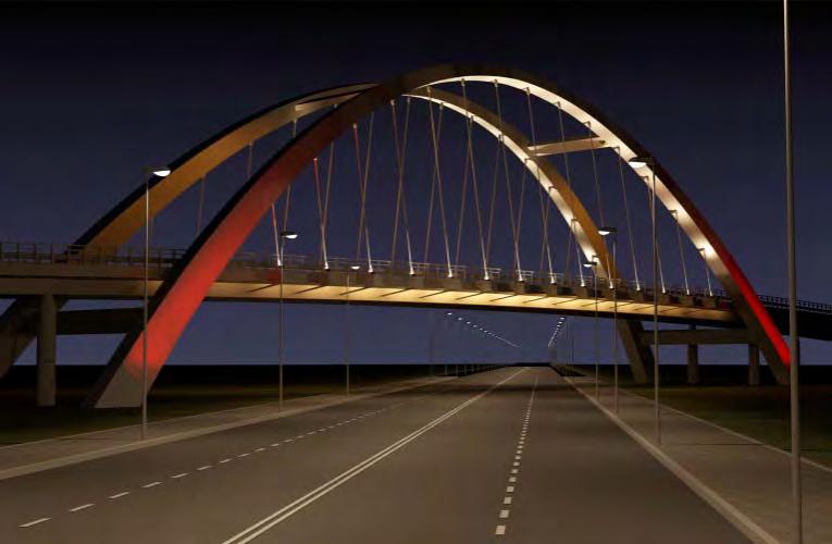 podwieszonym do łuków żelbetowych Podstawowe dane geometryczne: długość mostu w osiach podpór skrajnych: 163m rozpiętość przęseł: 18.5 + 23 + 80 + 23 + 18.