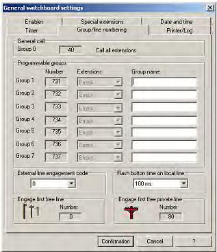 przekierowanie domofonowe) W zakładce Group/line numbering ustawiamy: kody wywołania, zajętość linii zewnętrznych i prywatnych, mamy wgląd w grupy wywołania, numery wykorzystywany do wywołania grup
