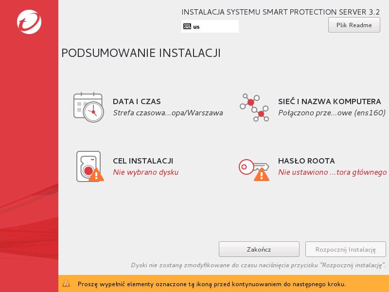 Instalowanie serwera Smart Protection Server Zostanie wyświetlony ekran PODSUMOWANIE INSTALACJI. 6. Kliknij opcję DATA I GODZINA, ab