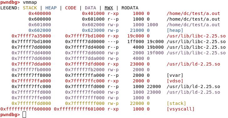 5. Zabezpieczenia programów w systemie Linux Mapowanie stron pamięci można również wyświetlić w GDB bez rozszerzeń