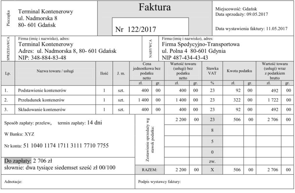 Zadanie 8. Kiedy upłynął ostateczny termin zapłaty za zrealizowane usługi, jeśli zgodnie z umową zapłata musiała nastąpić w ciągu 14 dni od daty wystawienia faktury? Zadanie 9. A. 11.05.2017 r. B. 22.
