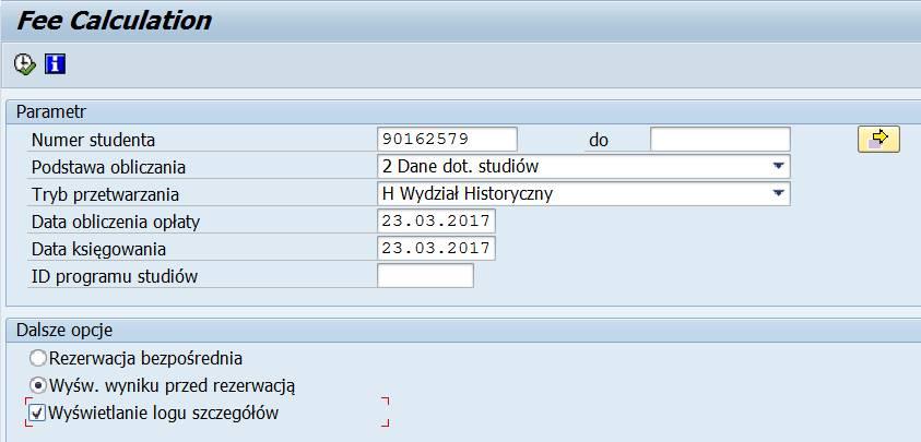 Pojawi się ekran naliczania opłat