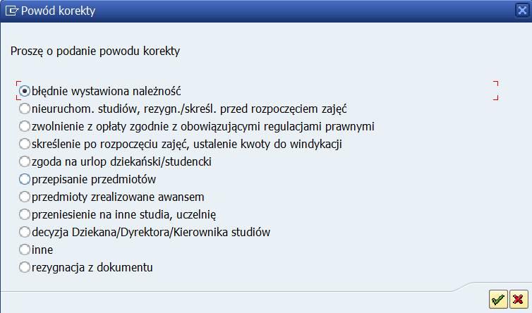 8. Na kolejnej formatce zaznacz kategorię powodu korekty.