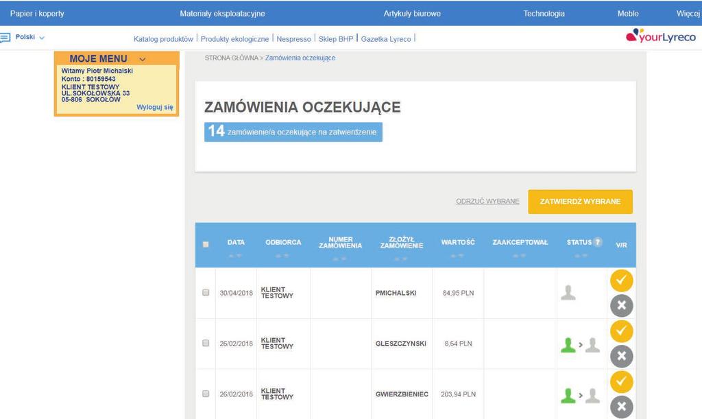 Zamówienia wymagające akceptacji znajdują się w głównym menu w opcji Zamówienia oczekujące ZAMÓWIENIA OCZEKUJĄCE Dzięki opcji Zaznacz wszystko jednym kliknięciem można zatwierdzić bądź odrzucić