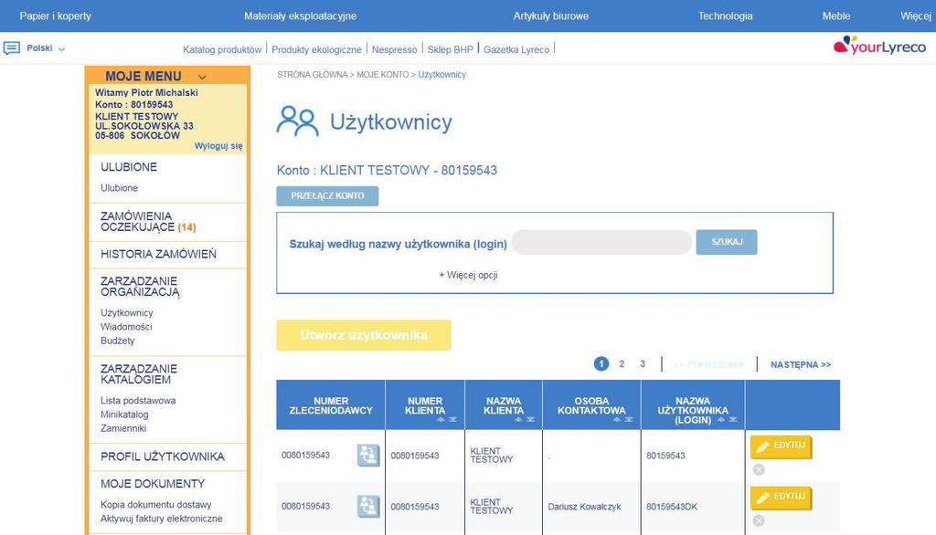 Opcja jest dostępna w zakładce Zarządzanie ZARZĄDZANIE UŻYTKOWNIKAMI Kliknij, aby dodać użytkownika na innym koncie Możesz wyszukać użytkowników po nazwie Kliknij, aby edytować profil użytkownika