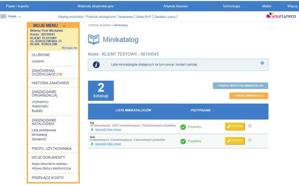 Opcja Pobierz minikatalogi pozwala na pobranie pliku, w którym znajdują się informacje o przypisaniu minikatalogów w całej hierarchii klienta ZARZĄDZANIE MINIKATALOGAMI Opcja jest dostępna w zakładce