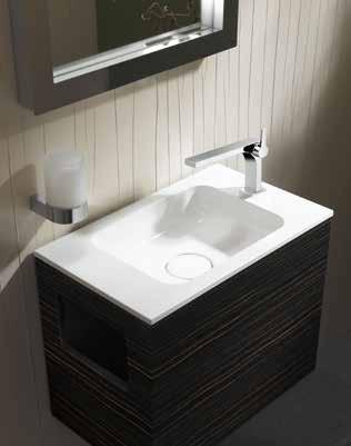 Dzieki wąskiemu, w niewielkim stopniu rozbudowanemu formatowi blatu z umywalką możliwe jest zaprojektowanie wdzięcznej toalety dla gości.