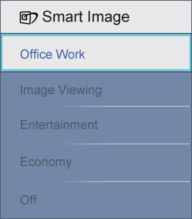 2. Kontynuuj naciskanie przycisku w celu przełączenia między trybami Office Work (Praca biurowa), Image Viewing (Oglądanie obrazów), Entertainment (Rozrywka), Economy (Ekonomiczny) i Off (Wył.). 3.