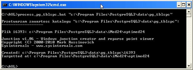 process _pg_tblspc.bat "c:\program Files\PostgreSQL3\data\pg_tblspc" Uwaga: przy pierwszym uruchomieniu może pojawić się okno z informacjami o warunkach użytkowania programu.
