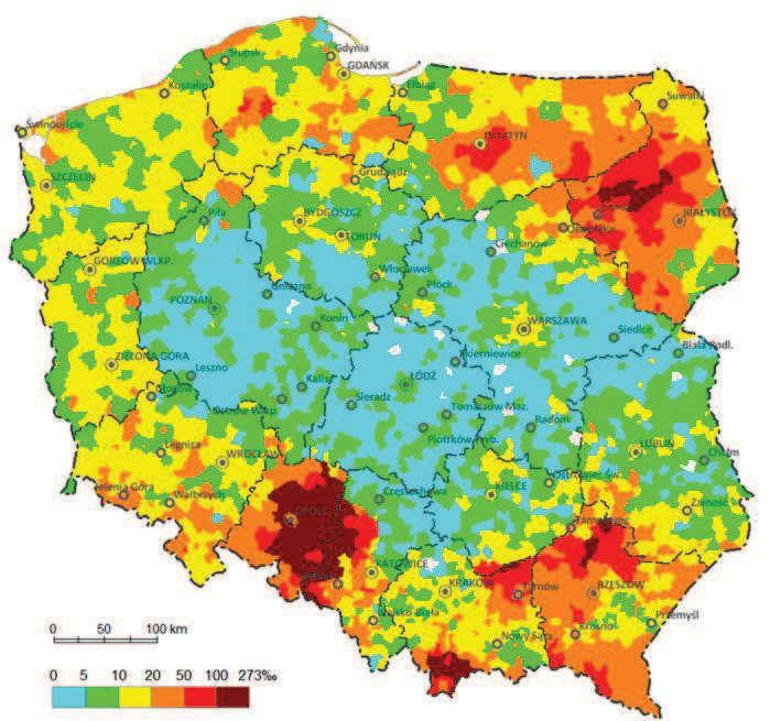 Rozszacowano to w ten sposób, że przyjęto to na podstawie ostatniej znanej geograficznej struktury z NSP 2002 (ryc. 2.4). Ostatnim etapem była prezentacja wyników na mapie. Ryc. 2.4. Udział ludności przebywającej poza granicami kraju >12 miesięcy wg NSP 2002.