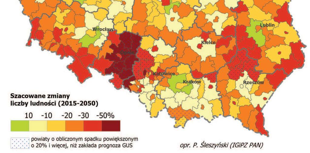 Przewidywane zmiany liczby ludności w powiatach w latach 2013-2050 (z uwzględnieniem nierejestrowanej emigracji