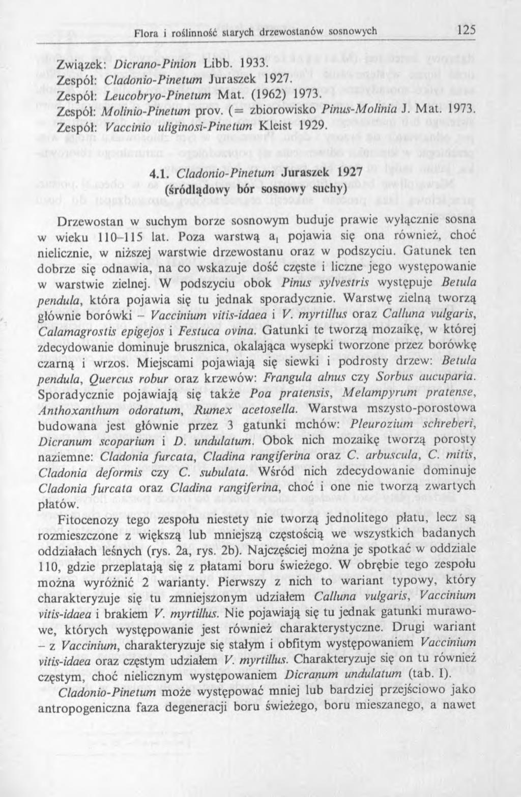 Związek: Dicrano-Pinion Libb. 1933. Zespól: Cladonio-Pine tum Juraszek 1927. Zespół: Leucobryo-Pinetum M at. (1962) 1973. Zespół: Molinio-Pinetum prov. ( = zbiorowisko Pinus-Molinia J. M at. 1973. Zespół: Vaccinio uliginosi- Pine tum Kleist 1929.