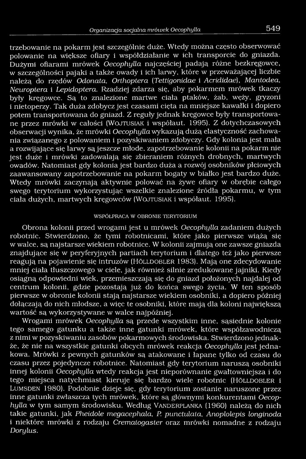 (Tettigonidae i Acrididae), Mantodea, Neuroptera i Lepidoptera. Rzadziej zdarza się, aby pokarmem mrówek tkaczy były kręgowce. Są to znalezione martwe ciała ptaków, żab, węży, gryzoni i nietoperzy.