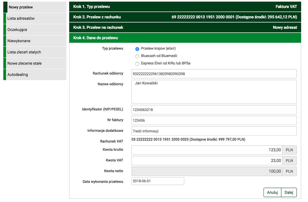 Realizacja przelewu z wykorzystaniem MPP bankowość elektroniczna Widok okna 2