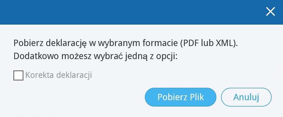 Kliknij Pobierz plik i odczekaj chwilę aż system utworzy Deklarację VAT w formacie PDF. Ten rodzaj deklaracji nie jest formularzem interaktywnym, służy jedynie do celów informacyjnych.