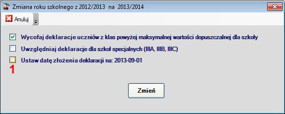 Moduł Administrator Do funkcji Zmiany roku szkolnego dodano pole umożliwiające określenie nowej daty złożenia deklaracji POZ (1) (informacja nieobowiązkowa).