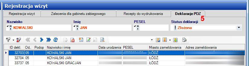 Dodano zakładkę Deklaracje (5) w celu szybkiego sprawdzenia informacji do której osoby personelu pacjent złożył deklaracje wyboru przed zapisaniem na wizytę.