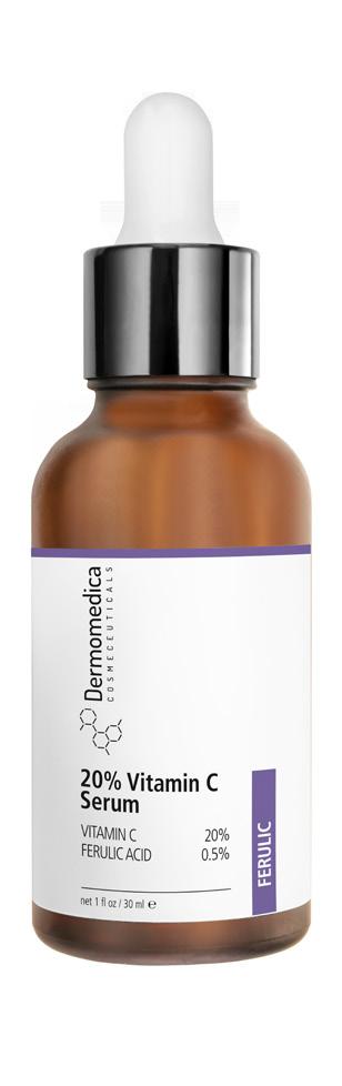 20% VITAMIN C SERUM VITAMIN C 20% FERULIC ACID 0.5% Formuła serum opiera się na innowacyjnym połączeniu najbardziej aktywnej formy witaminy C z kwasem ferulowym.