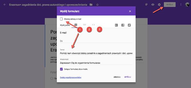 Ilustracja 6.: Widok opcji dystrybucji ankiety przez Formularze Google Rozbudowaną alternatywą dla Formularzy Google jest otwarte i darmowe oprogramowanie LimeSurvey (https://www.limesurvey.