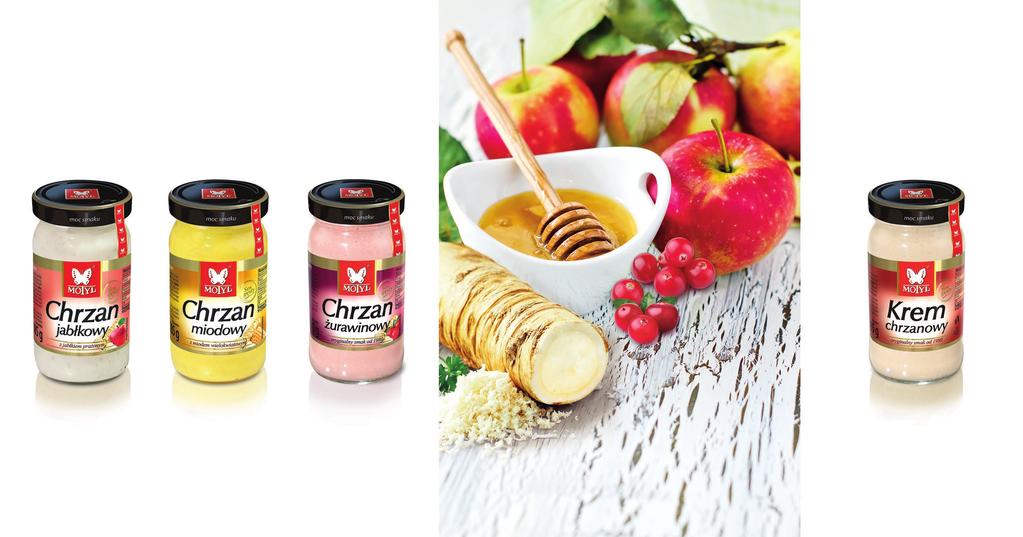 Chrzany smakowe / Flavored horseradish Chrzan jabłkowy 185 g / Horseradish with apple 185 g Chrzan miodowy 185 g / Horseradish with honey 185 g