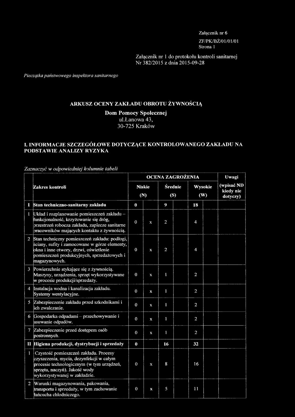 INFORMACJE SZCZEGÓŁOWE DOTYCZĄCE KONTROLOWANEGO ZAKŁADU NA PODSTAWIE ANALIZY RYZYKA Zaznaczyć w odpowiedniej kolumnie tabeli Zakres kontroli Niskie (N) OCENA ZAGROŻENIA Średnie I Stan