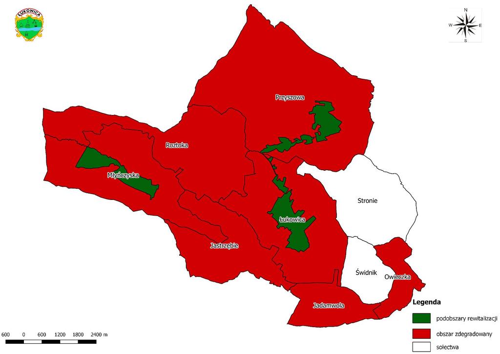 Mapa 2 Podobszary rewitalizacji na tle obszaru