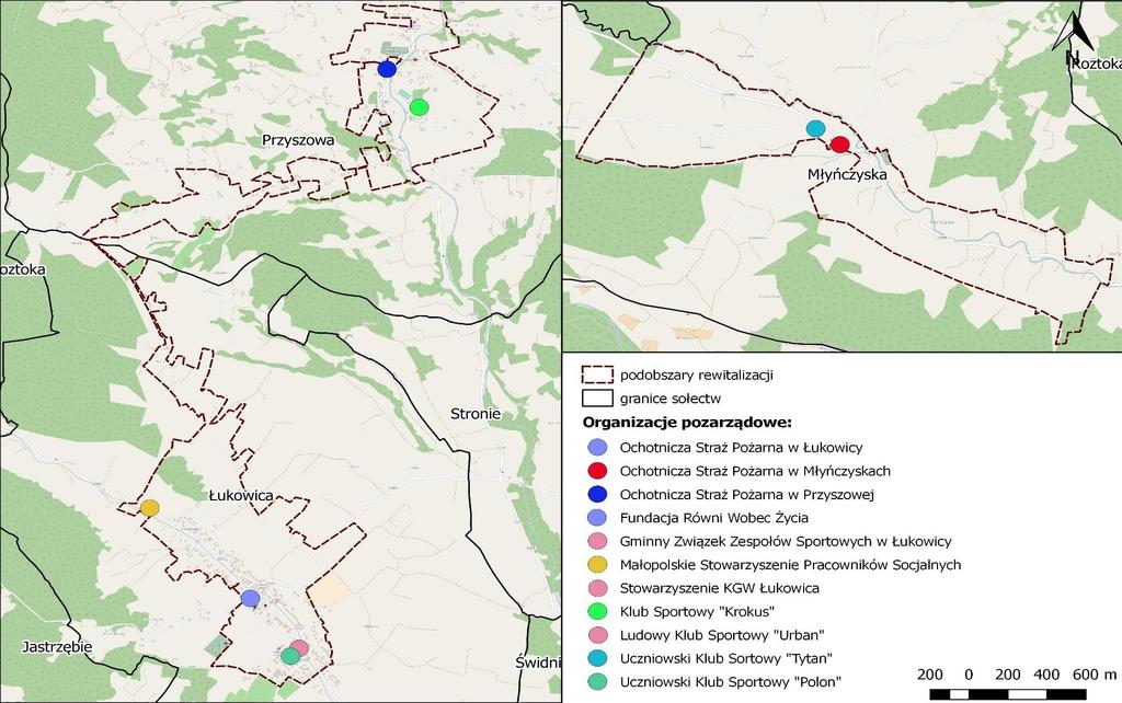 Mapa 5 Rozmieszczenie organizacji pozarządowych w granicach wyznaczonych podobszarów rewitalizacji na terenie Gminy Łukowica w 2016 r.
