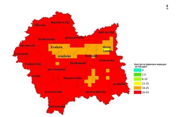 Mapa 8 Klasyfikacja stref pod względem kryterium ochrony zdrowia dla ozonu cel długoterminowy Źródło: Roczna ocena jakości powietrza w województwie małopolskim w 2015 r.