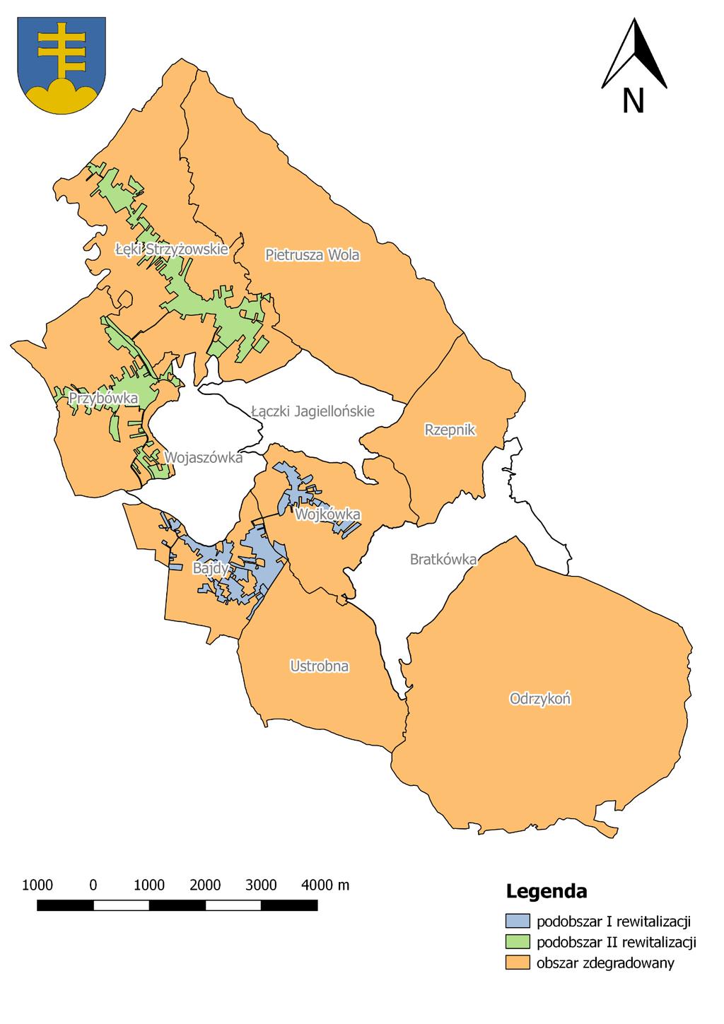Mapa 1 Podobszary rewitalizacji na tle obszaru