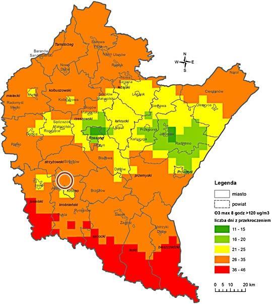 Mapa 5 Klasyfikacja stref pod względem kryterium ochrony zdrowia dla ozonu cel długoterminowy na terenie województwa podkarpackiego w 2015 roku Źródło: Roczna ocena jakości powietrza w województwie