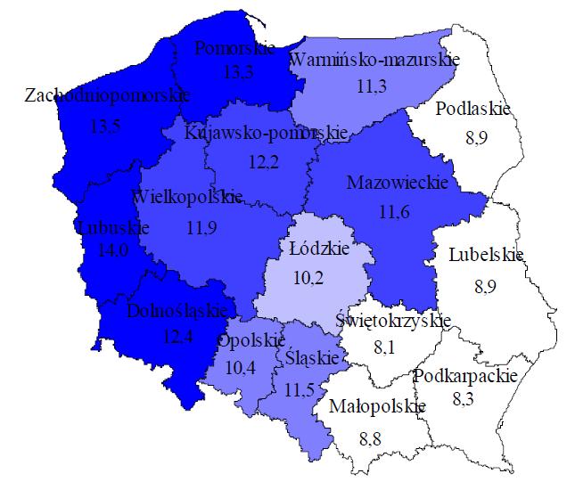 Karolina Szymala Rys. 5. Ludność przybyła w latach 1989-2002 na wieś (w odsetkach ludności wiejskiej województwa) Źródło: Migracje wewnętrzne ludności 2002, GUS, Warszawa 2003, s. 30.