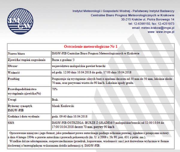 II.3. Komunikaty meteorologiczne Komunikat meteorologiczny jest opracowywany w celu przekazania informacji o obserwowanych, niebezpiecznych zjawiskach meteorologicznych (ich natężeniu, lokalizacji i
