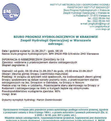 Rys. 37. Przykład informacji o niebezpiecznym zjawisku hydrologicznym Ostrzeżenia hydrologiczne (rys.