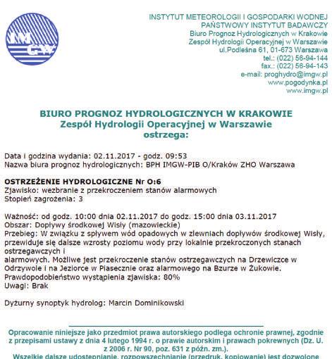 Rys. 38. Przykład ostrzeżenia hydrologicznego c) wystąpienie niebezpiecznego opadu, mogącego spowodować sytuację opisaną w lit.
