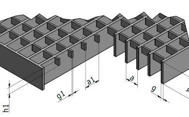 h wysokość płaskownika nośnego g grubość płaskownika nośnego h1 wysokość płaskownika poprzecznego g1 grubość płaskownika poprzecznego Tabela 3: Kraty pomostowe prasowane STOLMEX są produkowane w
