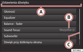 Wstęp Obsługa przycisków funkcyjnych oraz komunikatów na wyświetlaczu Rys. 7 Widok niektórych przycisków funkcyjnych na ekranie. Rys. 8 Menu ustawień dźwięku System Infotainment jest wyposażony w ekran dotykowy strona 4 2.