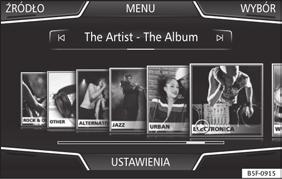 Sterowanie odtwarzaniem poprzez menu główne MEDIA Tryb Audio i Media Wybór albumu według okładki Wybór utworów z listy utworów Czynność Funkcja Naciśnij krótko przycisk funkcyjny jeden raz.