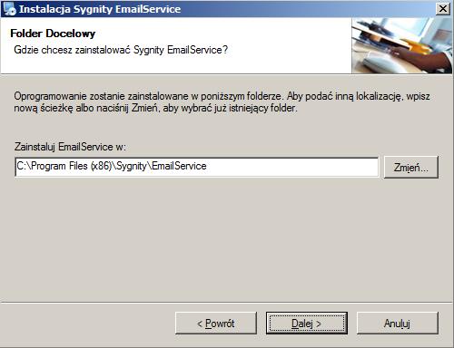Wskazujemy lokalizację katalogu, w którym chcemy zainstalować usługę.