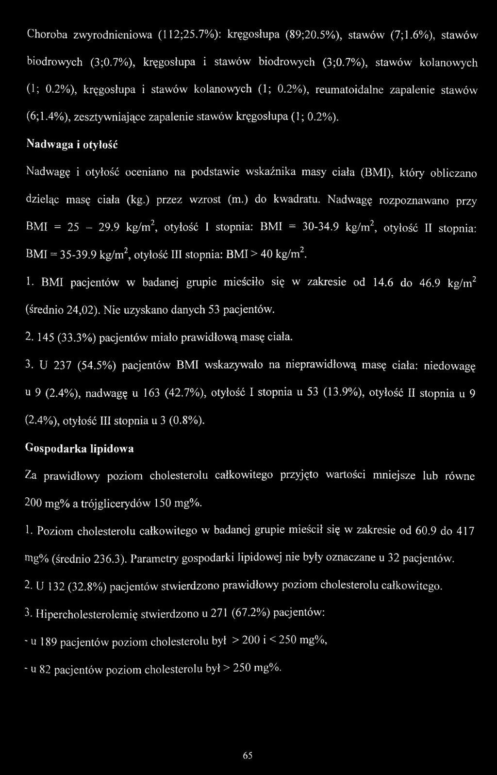 5%) pacjentów BMI wskazywało na nieprawidłową masę ciała: niedowagę u 9 (2.4%), nadwagę u 163 (42.7%), otyłość I stopnia u 53 (13.9%), otyłość II stopnia u 9 (2.4%), otyłość III stopnia u 3 (0.8%).