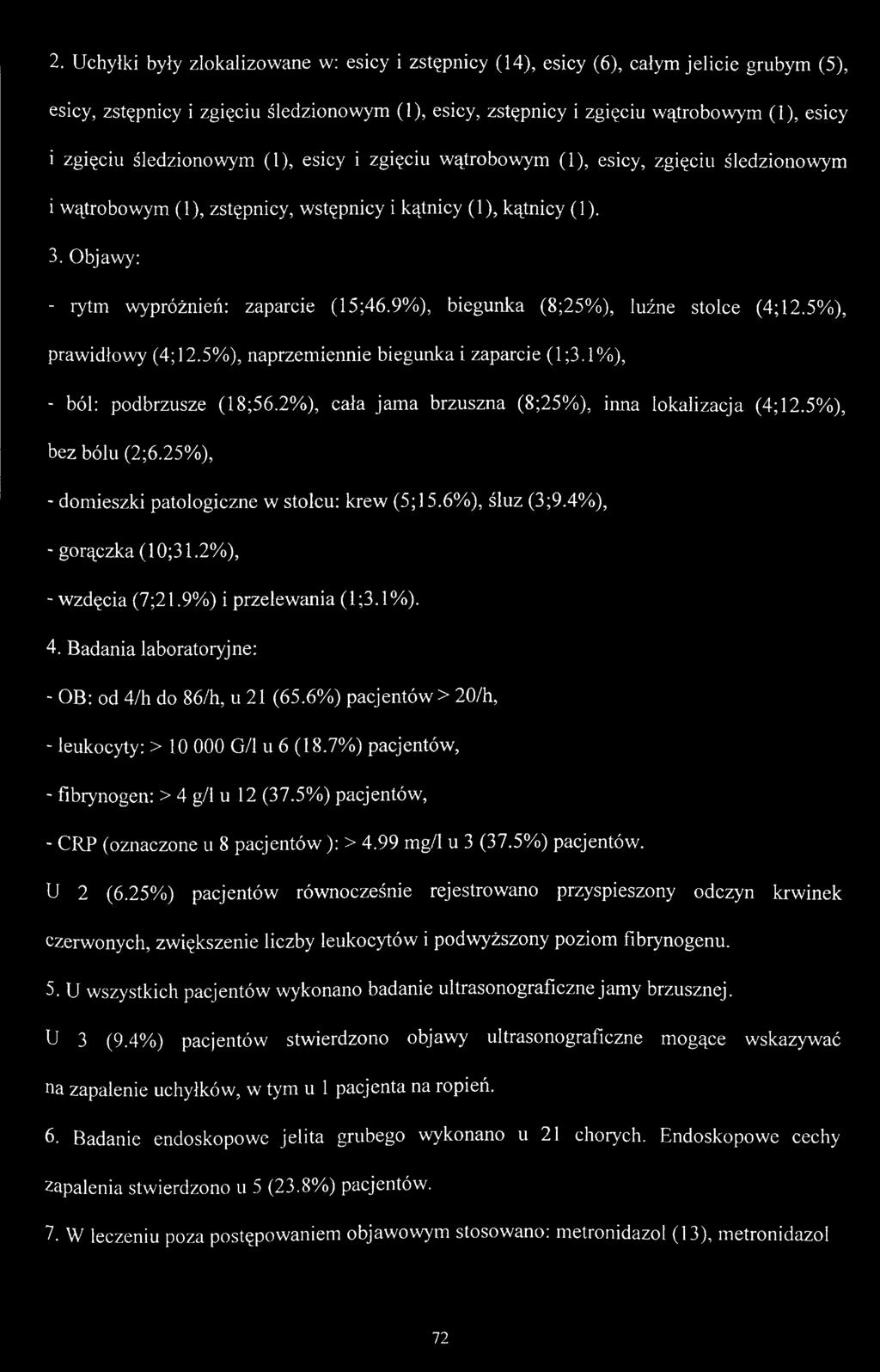 9%), biegunka (8;25%), luźne stolce (4; 12.5%), prawidłowy (4; 12.5%), naprzemiennie biegunka i zaparcie (1 ;3.1%), - ból: podbrzusze (18;56.2%), cała jama brzuszna (8;25%), inna lokalizacja (4; 12.