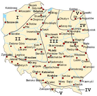 Rysunek 5.1 przedstawia podział terytorium Polski na strefy klimatyczne, natomiast tablica 5.