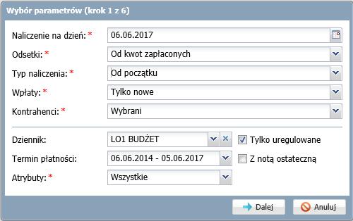 Generowanie not odsetkowych Z notą ostateczną zaznaczona opcja spowoduje dodatkowo wyświetlenie dokumentów dla których została już wystawiona nota ostateczna.