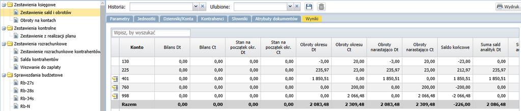 Chcąc ograniczyć zestawienie do wybranych danych, należy oznaczyć pozycje i wskazać z listy elementy, z których ma powstać zestawienie.