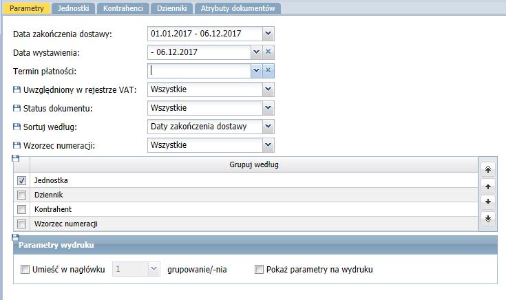 Sporządzanie zestawień z dokumentów źródłowych 3. Na zakładkach Jednostki, Kontrahenci, Dzienniki, Atrybuty dokumentów dokonać ograniczeń, z których ma być utworzone zestawienie.