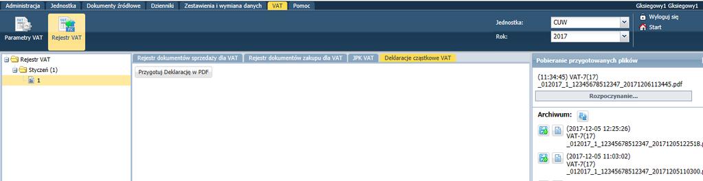 Prowadzenie rejestru VAT Aby wydrukować kliknąć przycisk Wydruk. Przycisk otwiera dokument, przycisk umożliwia zapisanie dokumentu na dysk.