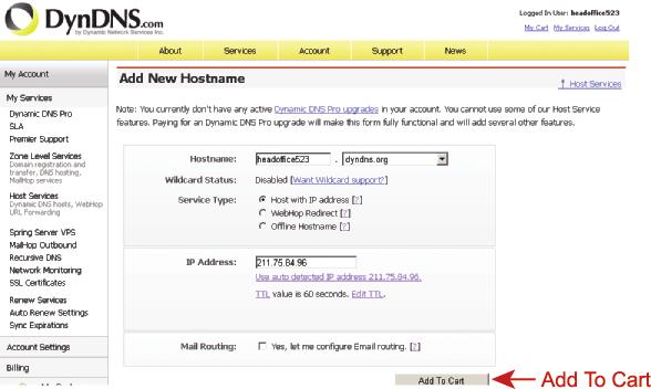Wybrać nazwę hosta systemu. Wprowadzić adres IP, który chce się przekierować. Spisać całą nazwę hosta, np. headoffice523.dyndns.org.
