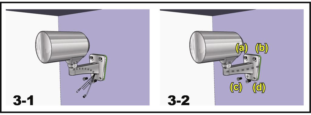 1) Odpowiednio do miejsca instalacji, przeciągnąć przez wspornik kabel zasilający i wideo i zdecydować jak kamera ma być okablowana:3-1 - Kabel ukryty po