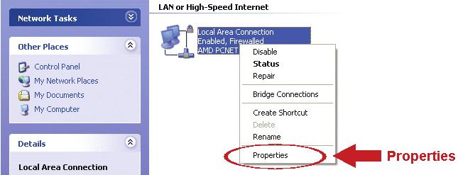 b) W LAN lub High-Speed Internet (LAN lub szybki Internet), kliknąć prawym przyciskiem myszy na Local Area Connection (połączenie lokalne) i wybrać Properties (własności).